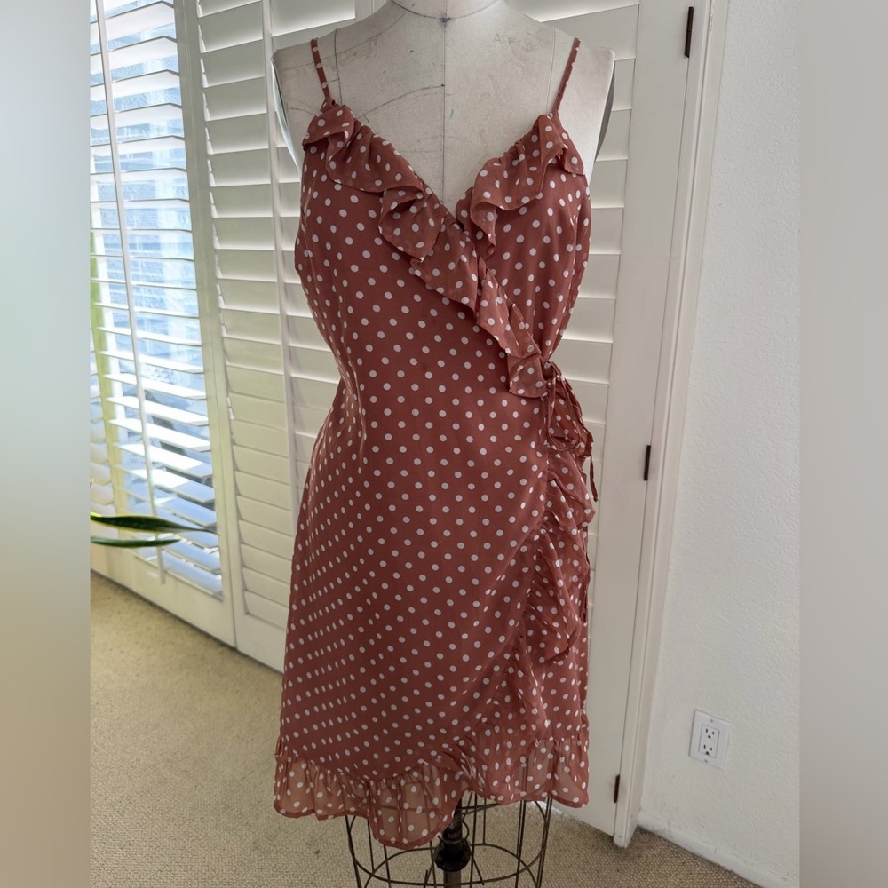 Polka Dot Ruffle Wrap Dress - Mauve/Brown